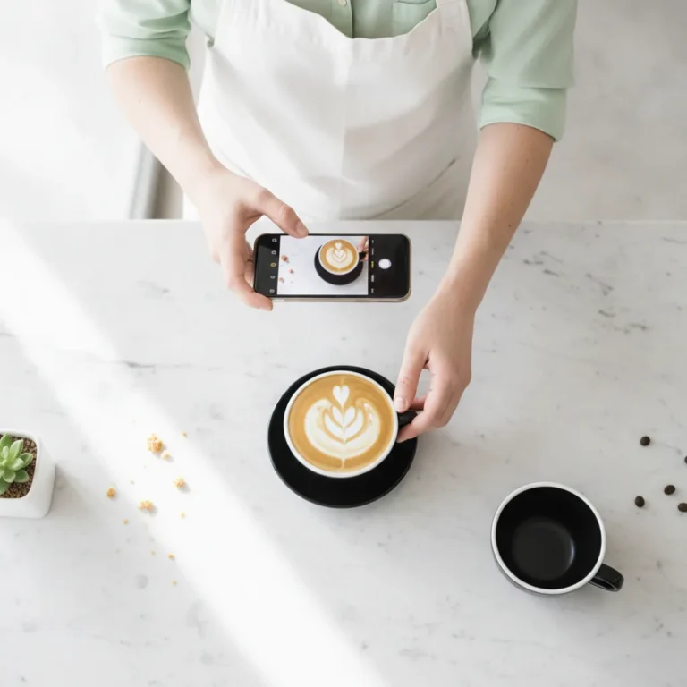 Overhead view of latte art on a cafe counter being photographed with a phone