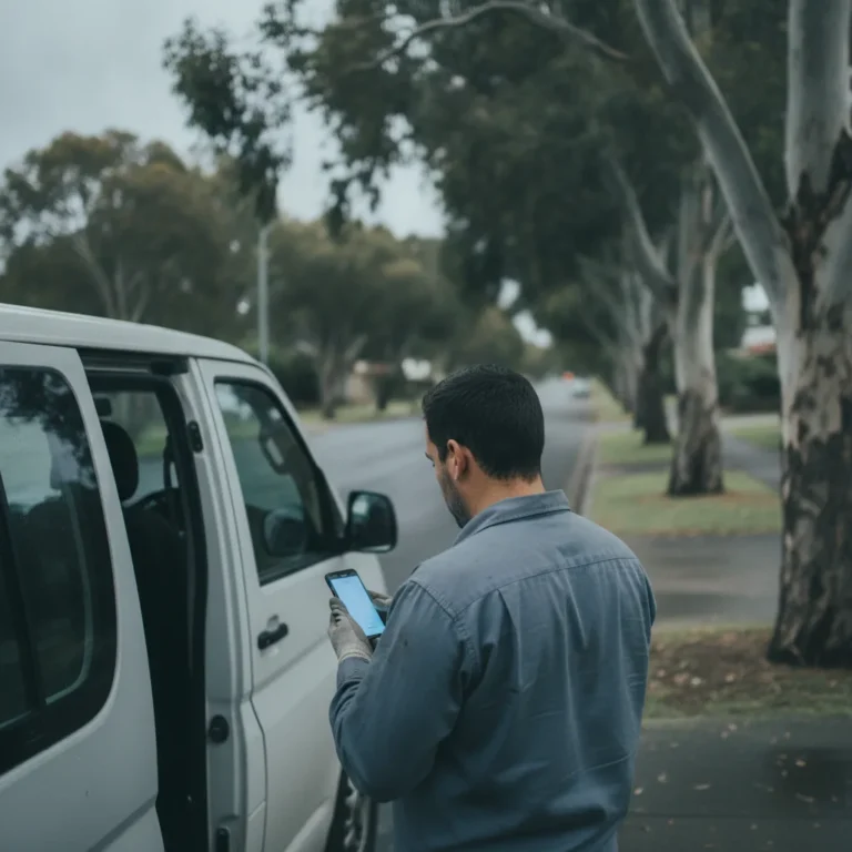 A plumber beside his van looks at a glowing phone on an overcast suburban street