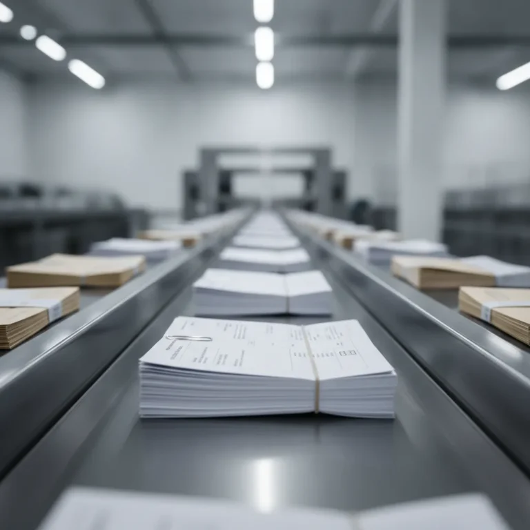 Paper invoices and envelopes travelling along a steel conveyor belt in a bright, clean warehouse