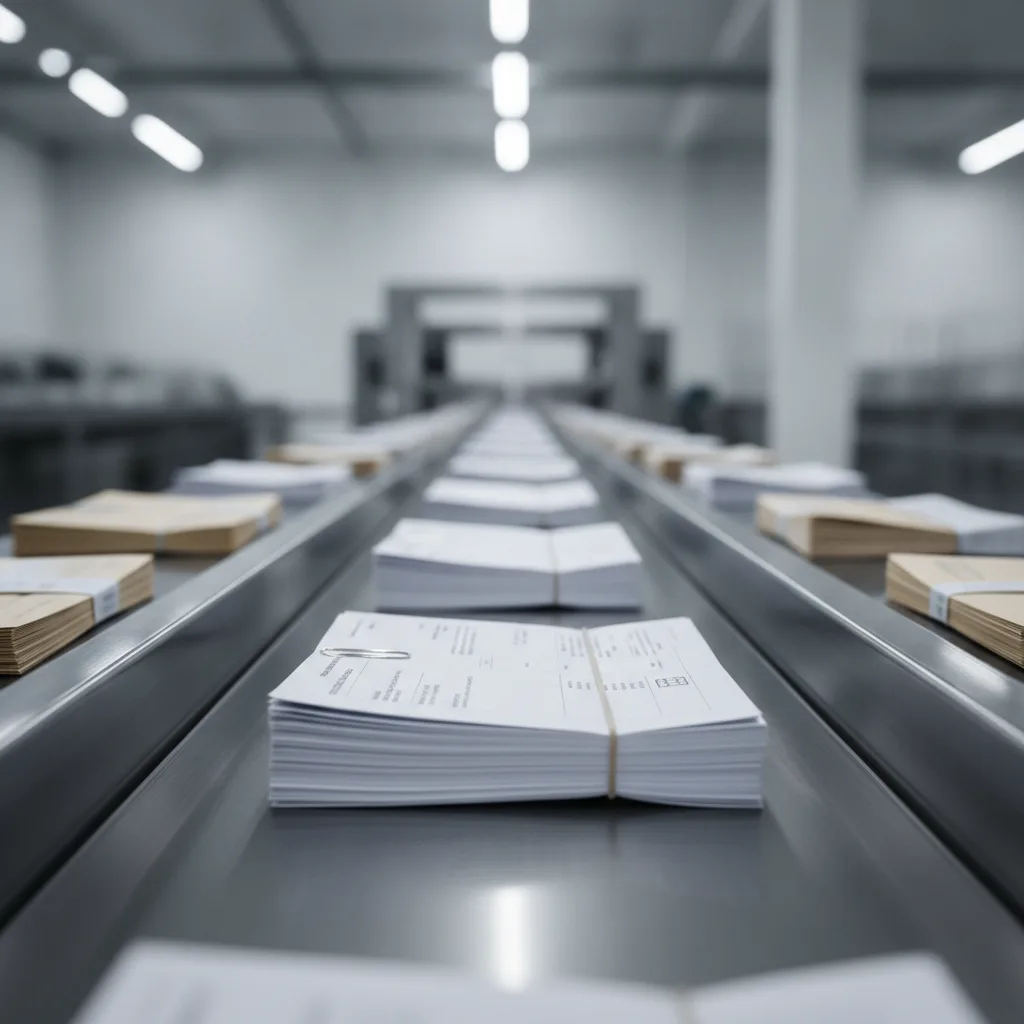 Paper invoices and envelopes travelling along a steel conveyor belt in a bright, clean warehouse