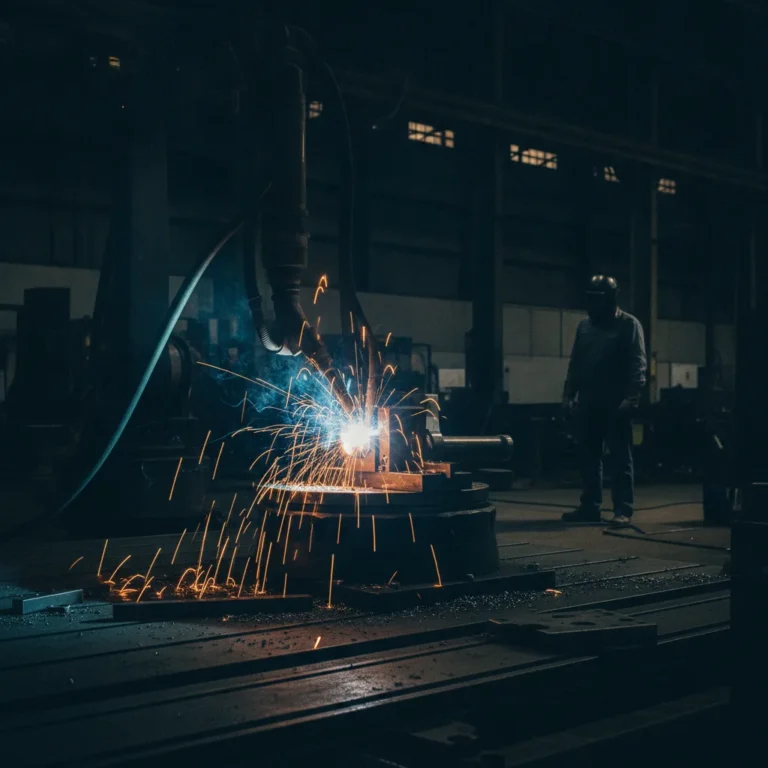 Robotic welding arm sends orange sparks over a steel part in a dark workshop