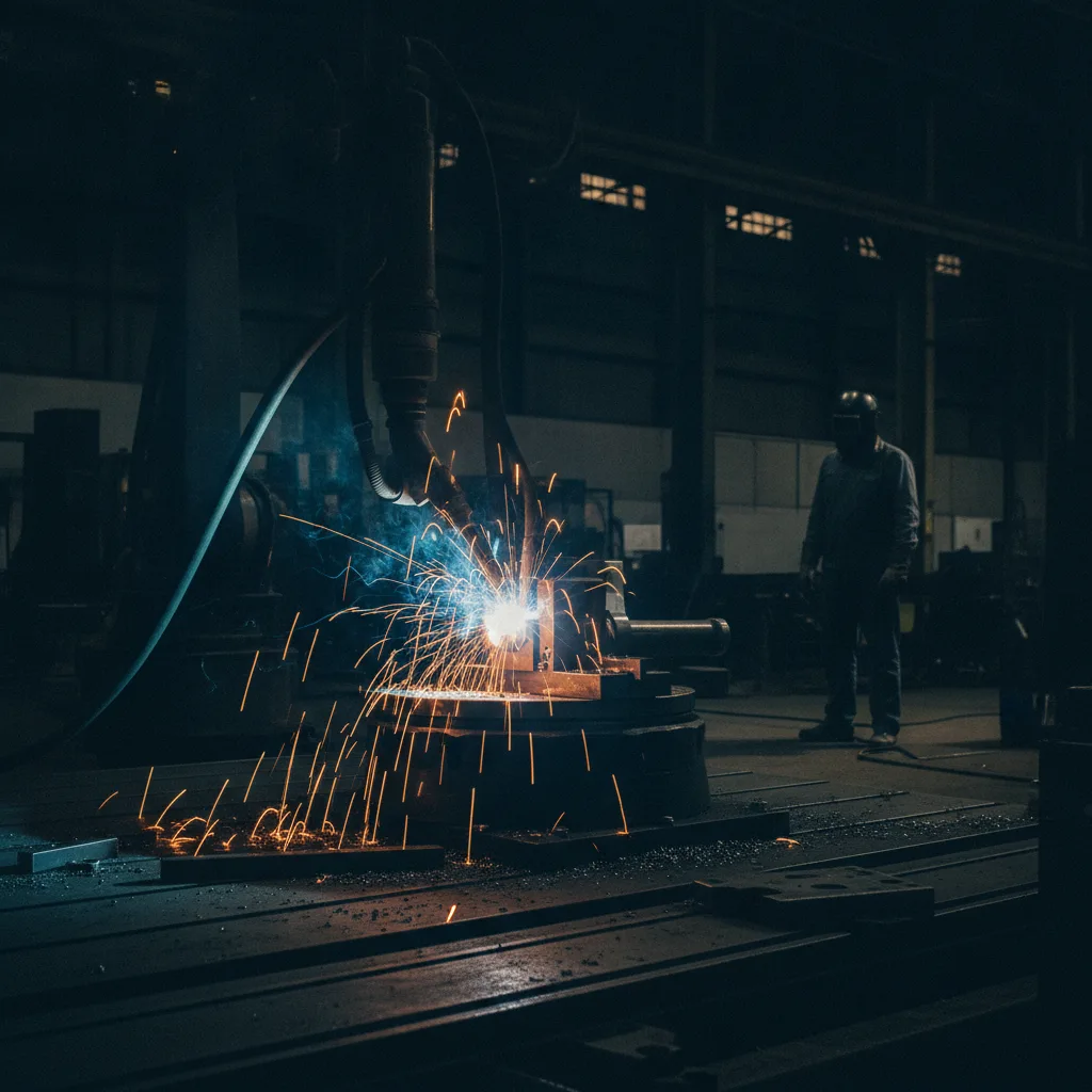 Robotic welding arm sends orange sparks over a steel part in a dark workshop