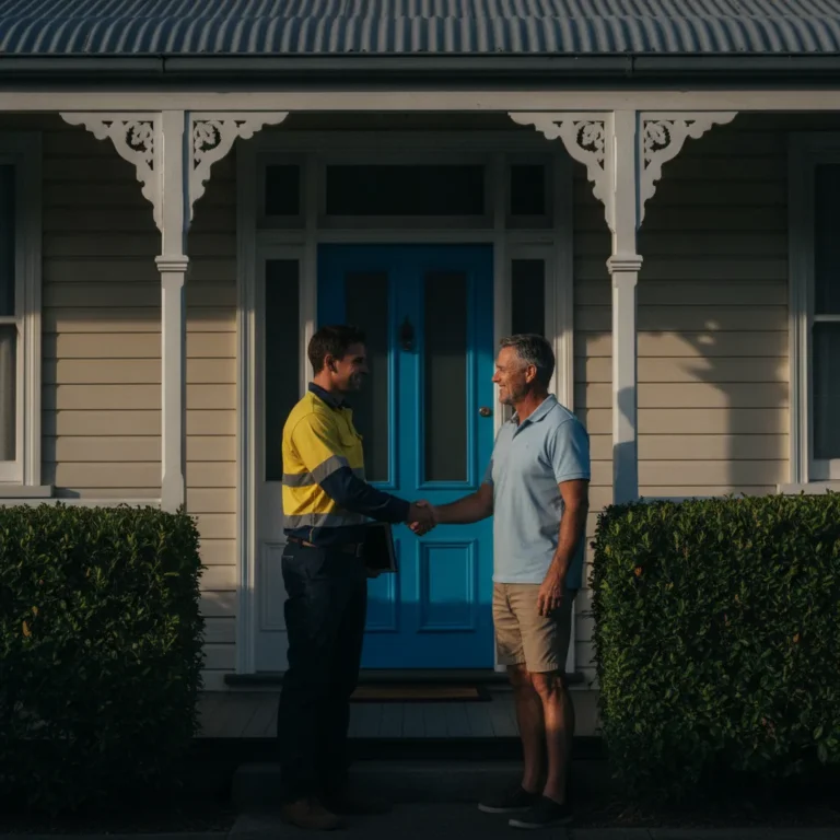A tradie in hi-vis shakes hands with a homeowner at their front door