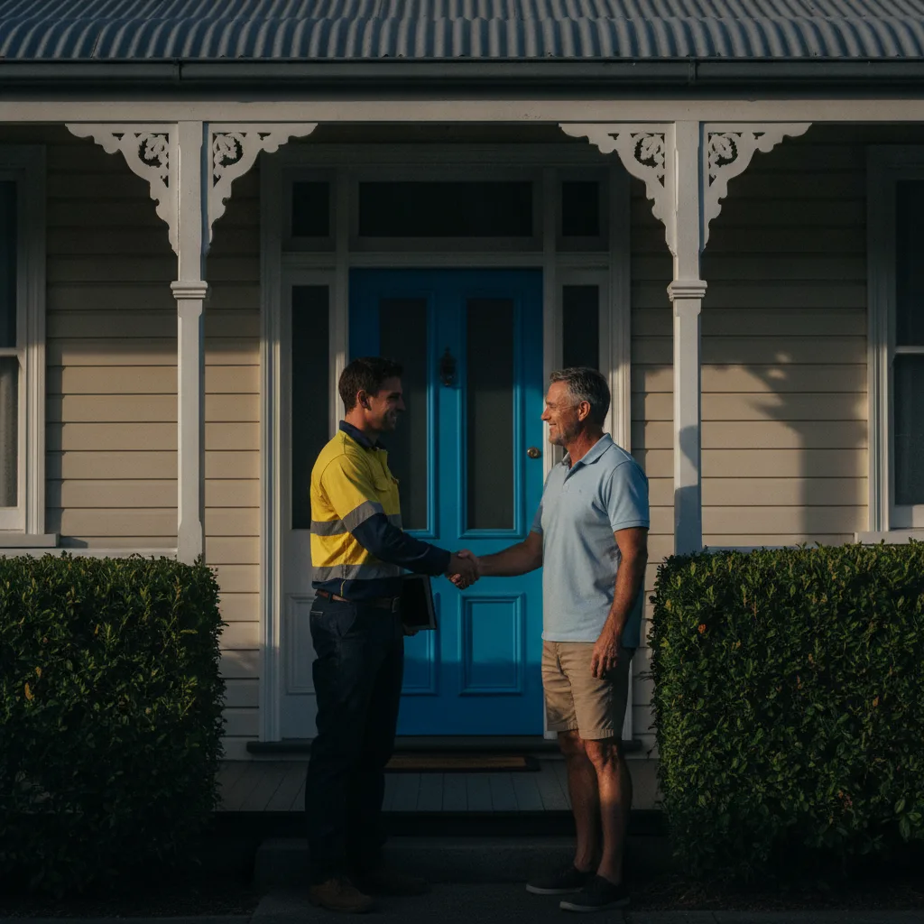 A tradie in hi-vis shakes hands with a homeowner at their front door
