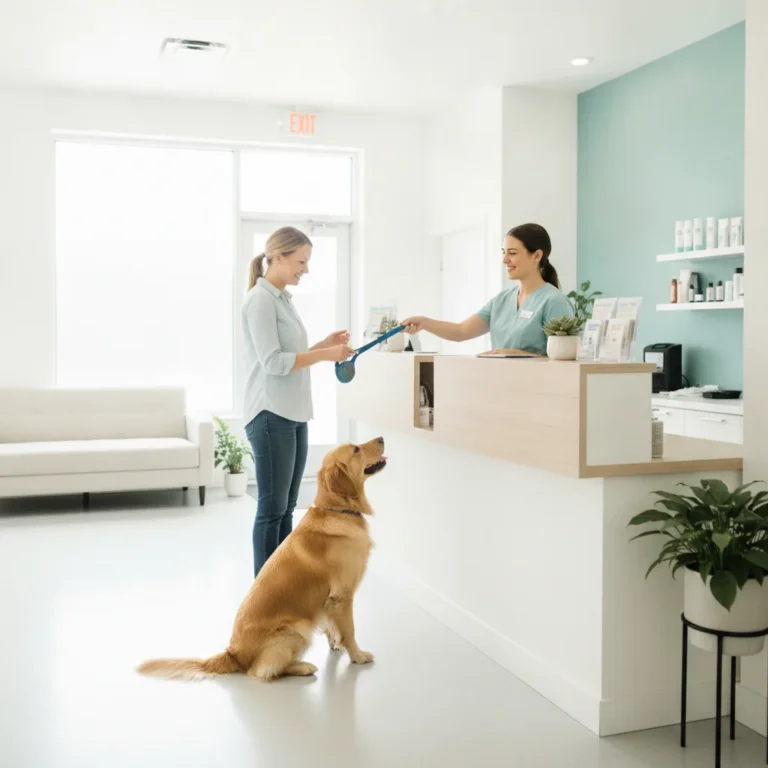 Vet clinic reception where a receptionist greets a dog owner and a golden retriever at the counter
