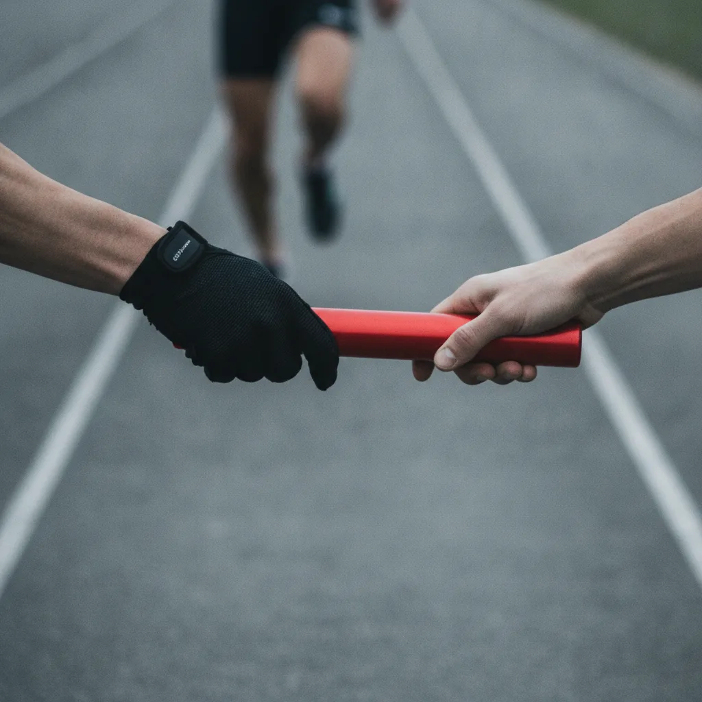 Two runners' hands passing a red relay baton on a running track in soft overcast light