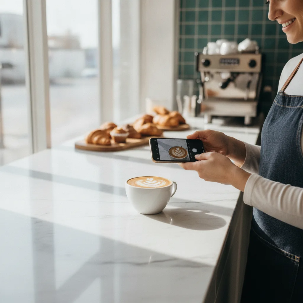 Cafe owner photographing a flat white with a phone at a marble counter