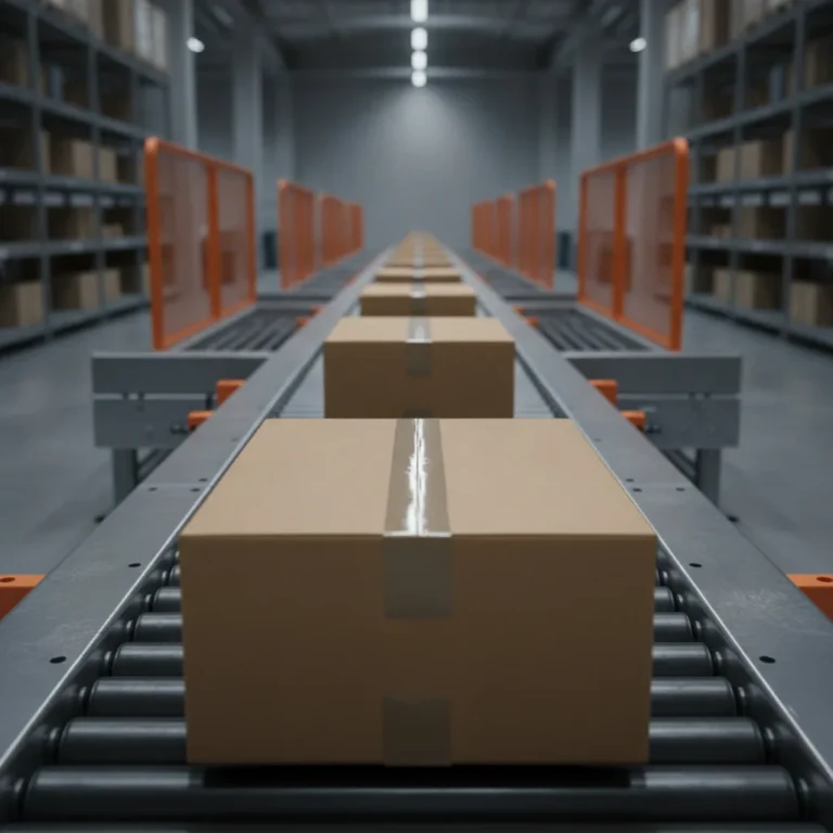 Line of parcels moving along a conveyor belt in a warehouse, one in sharp focus