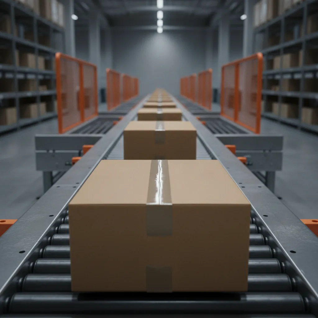 Line of parcels moving along a conveyor belt in a warehouse, one in sharp focus