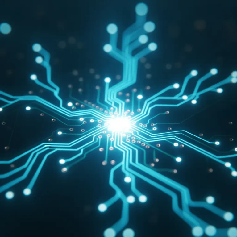 Abstract glowing network lines converging into a single bright hub on a circuit board
