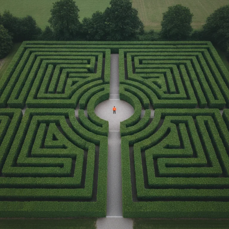 Aerial view of a hedge maze with one person in orange standing at its centre on a clear path