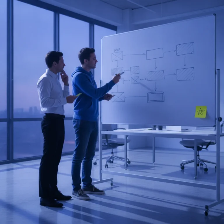 A developer and client discuss website wireframes drawn on a whiteboard