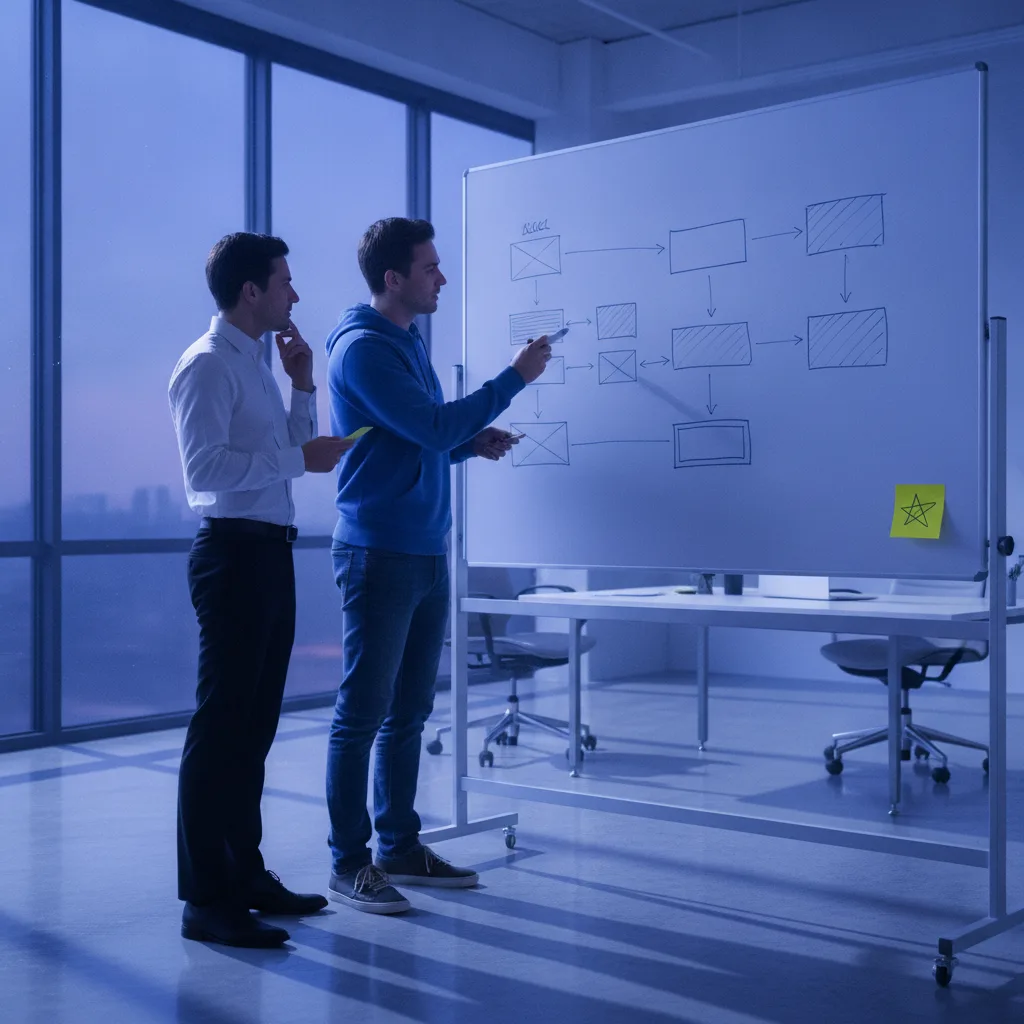 A developer and client discuss website wireframes drawn on a whiteboard