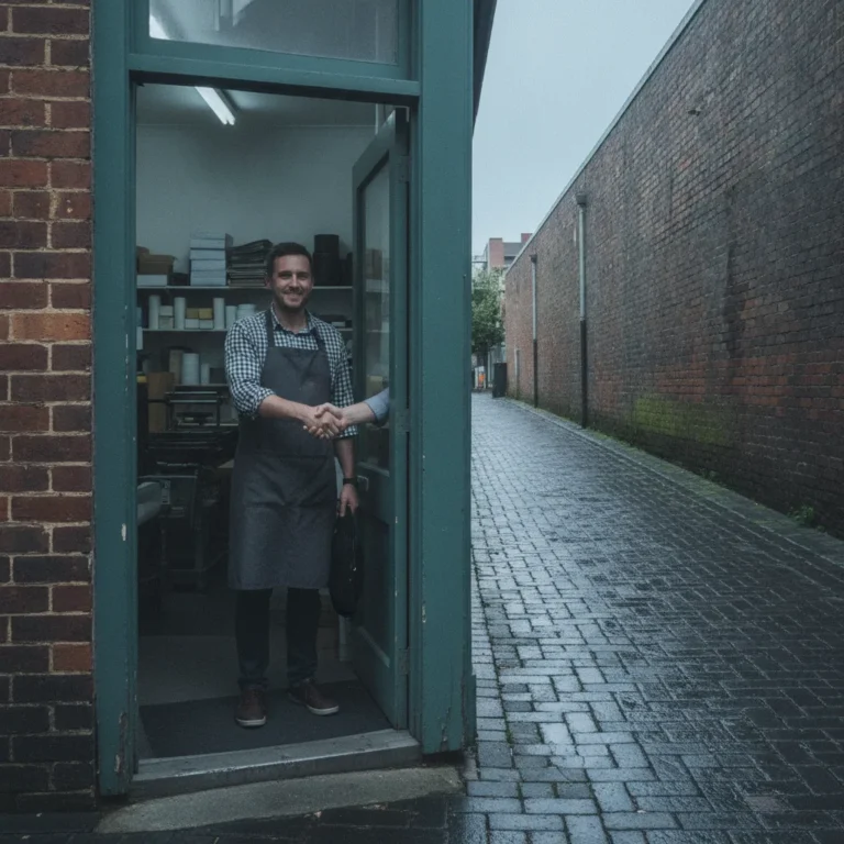 Business owner shaking hands with a visitor at a shop doorway on an overcast day