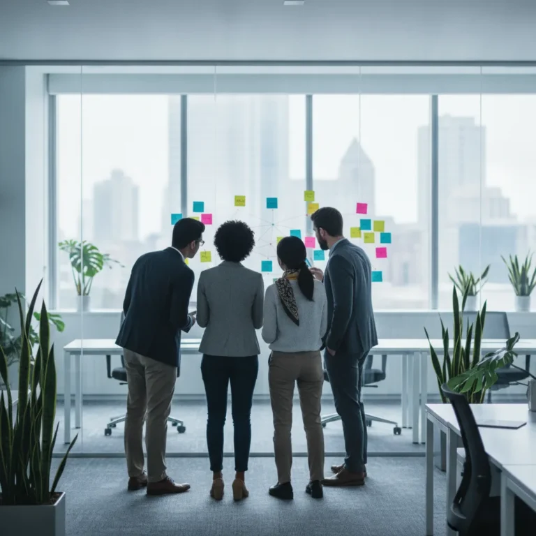 Four colleagues in a standing huddle at a whiteboard in a bright modern office