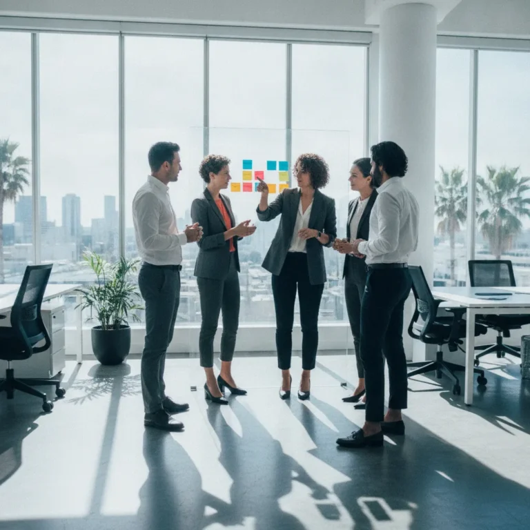 Team standing in a huddle at a whiteboard in a bright modern office