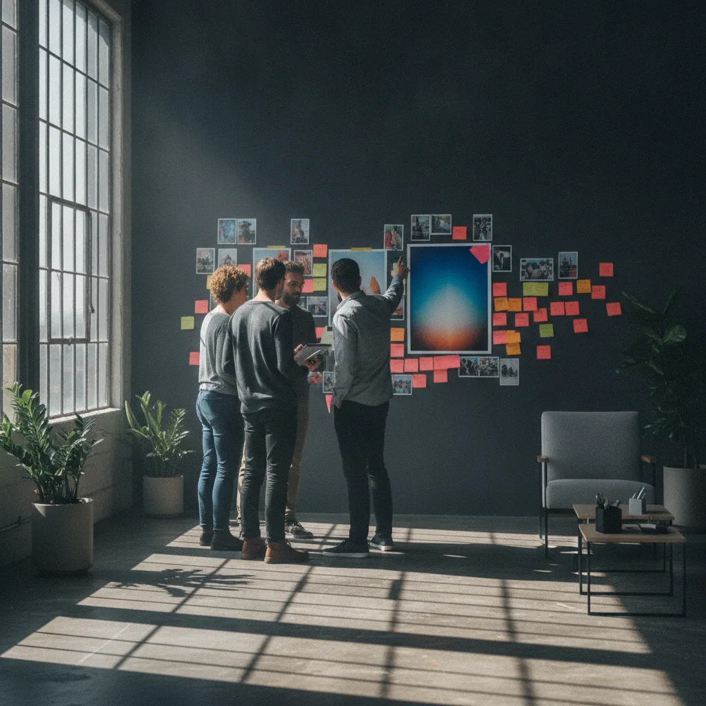 Four people standing together around a wall of pinned photo prints in a modern studio