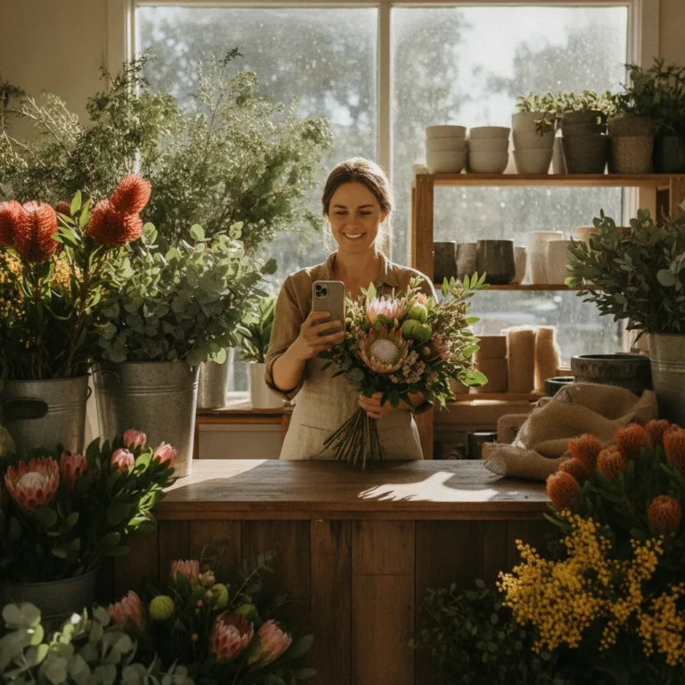 A florist photographs a native flower bouquet on her phone at her shop counter