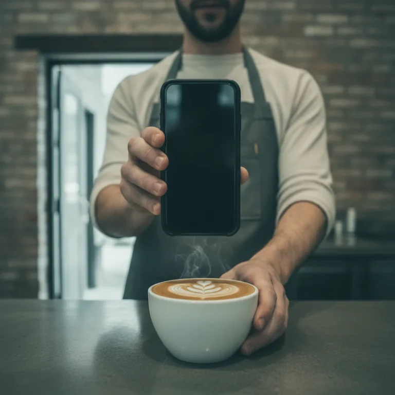 Barista filming latte art with a phone at a laneway cafe counter