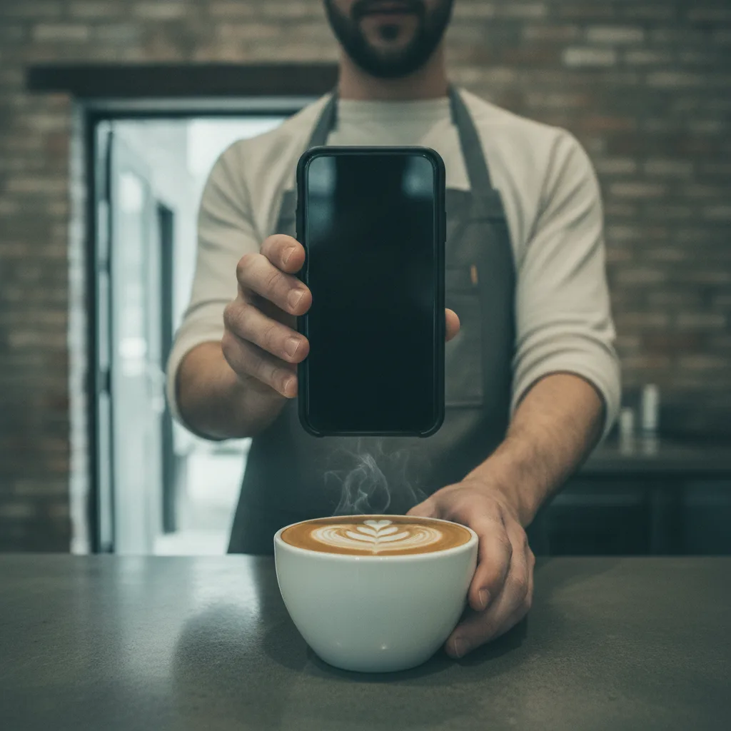 Barista filming latte art with a phone at a laneway cafe counter