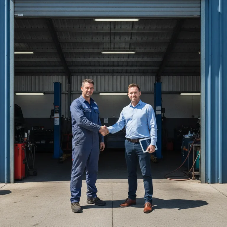 Business owner and adviser shaking hands at the open doorway of a workshop in strong sunlight