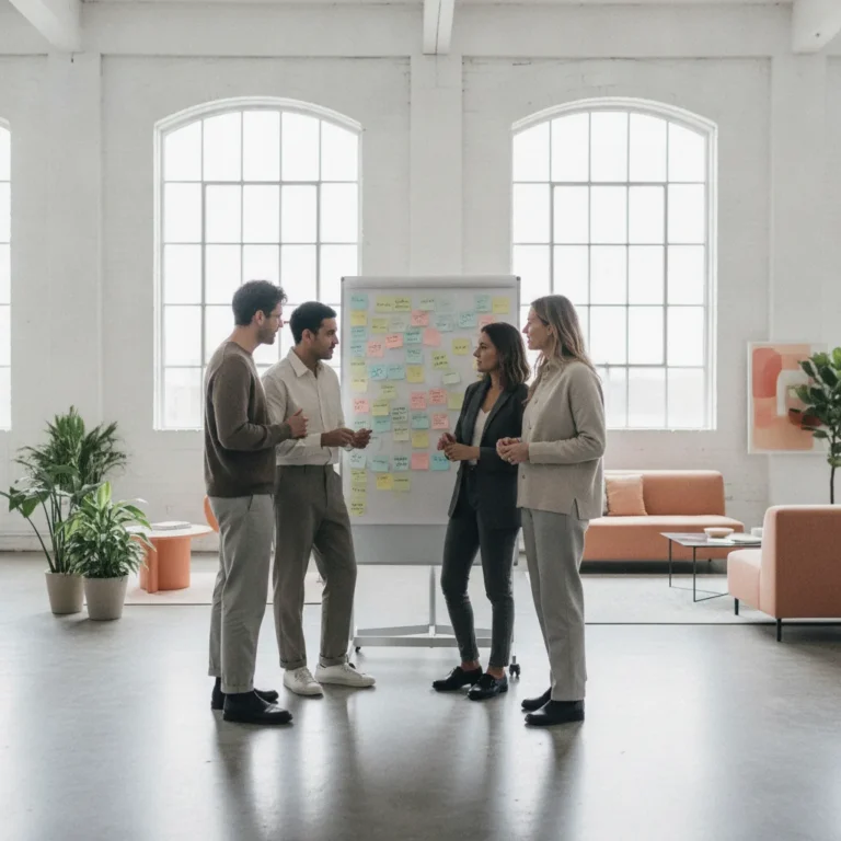 A small team stands in a huddle around a whiteboard of sticky notes in a bright studio