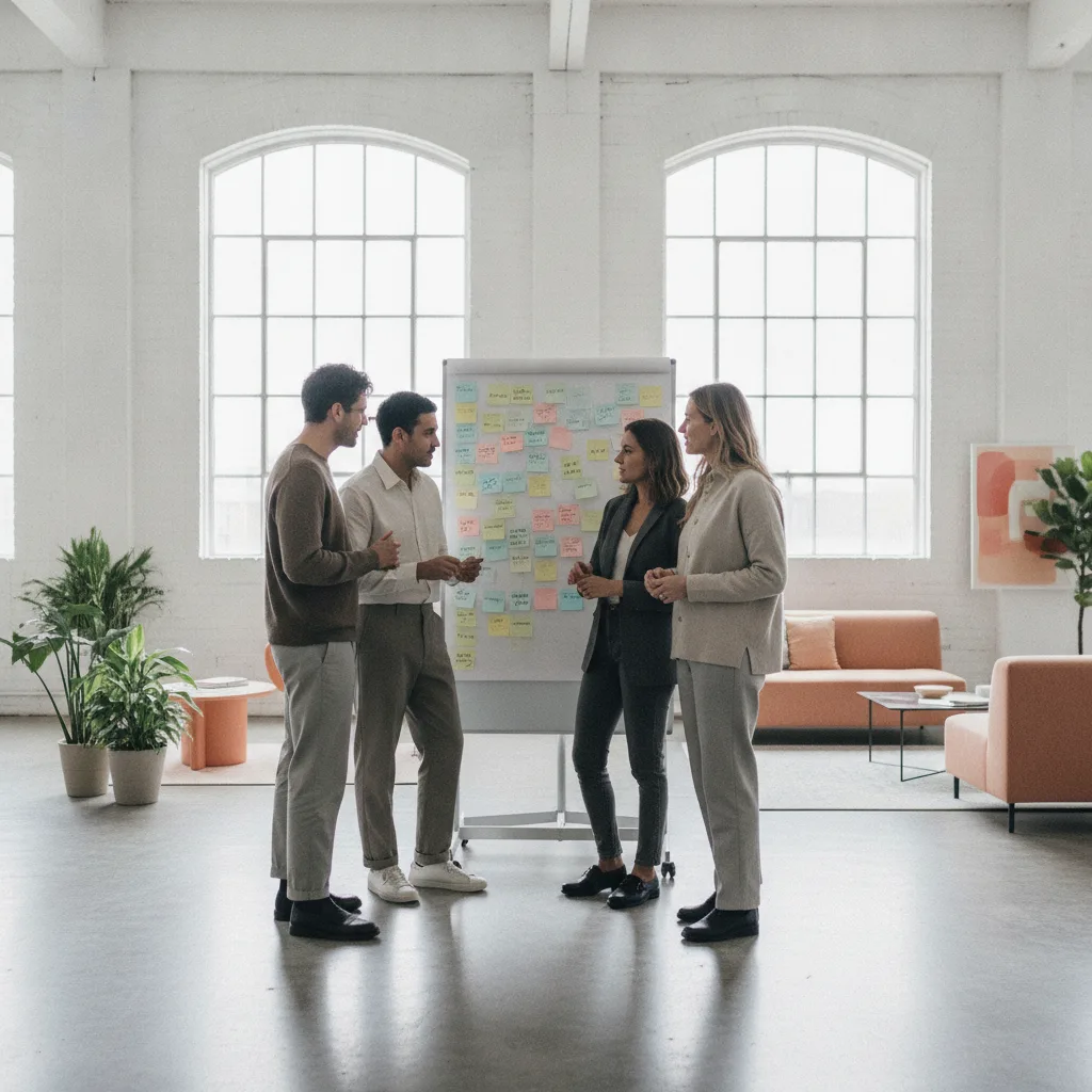 A small team stands in a huddle around a whiteboard of sticky notes in a bright studio