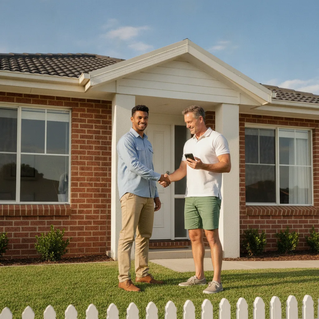 Electrician shaking hands with a happy homeowner at a front door in morning sunlight