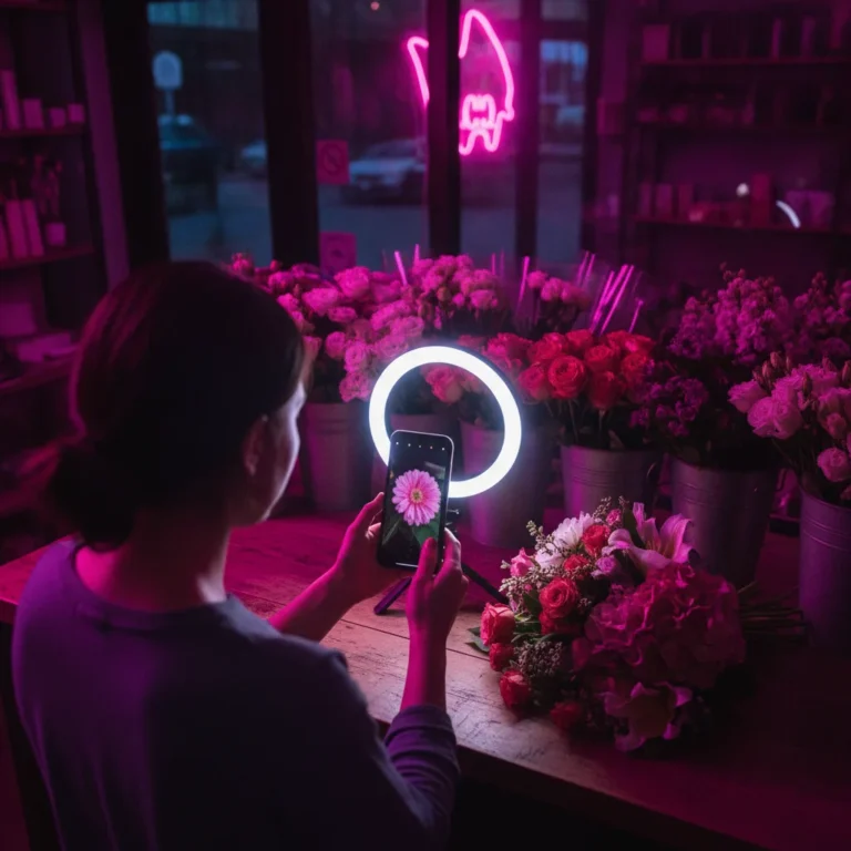 Florist filming a bouquet on a phone with a ring light at her shop counter at night