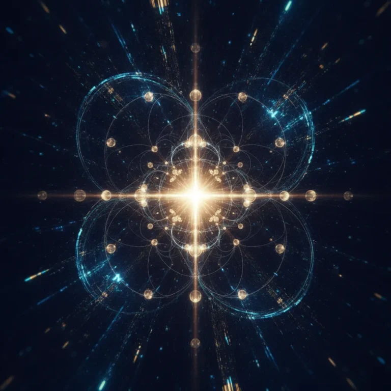 Abstract glowing network nodes and light trails converging on a bright central point