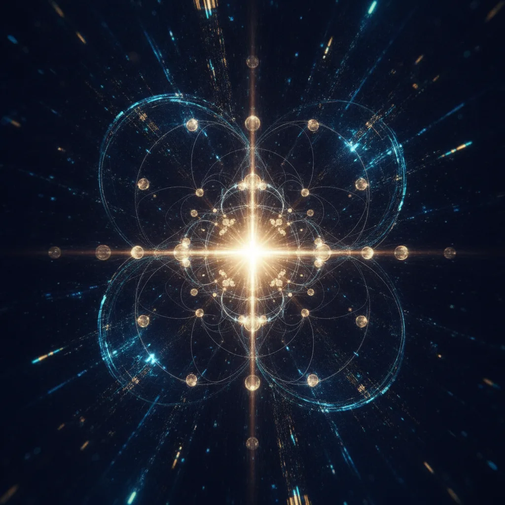 Abstract glowing network nodes and light trails converging on a bright central point