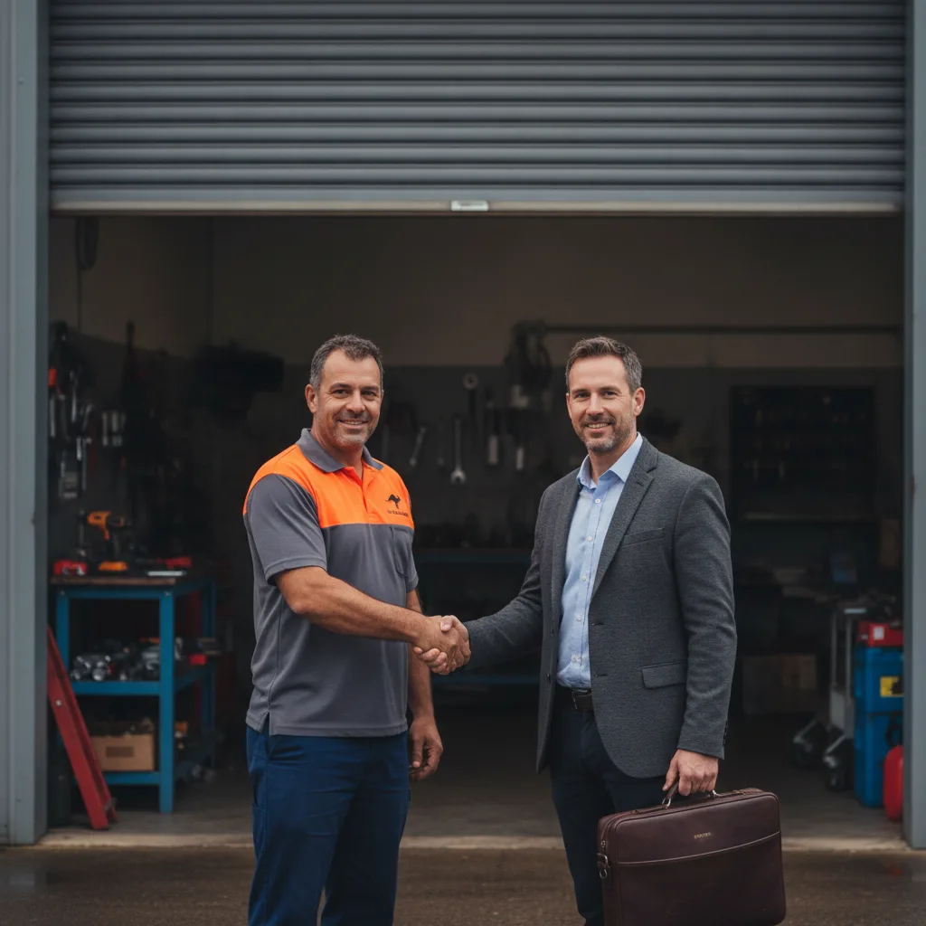 Two people shaking hands at the open door of a small workshop on an overcast day