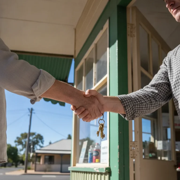 An owner hands shop keys to a buyer while shaking hands in a shop doorway