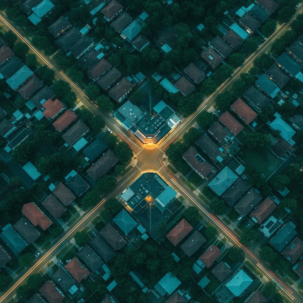 Aerial view of a suburban Australian street grid at dusk with one lit shopfront at the centre