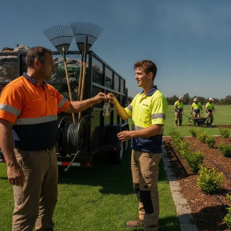 Landscaper handing truck keys to a crew leader beside a trailer in strong sunlight