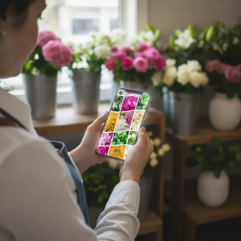 Florist holding a phone showing a colourful photo grid among buckets of fresh flowers