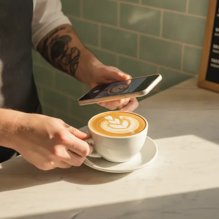 Phone photographing a flat white with latte art on a bright cafe counter