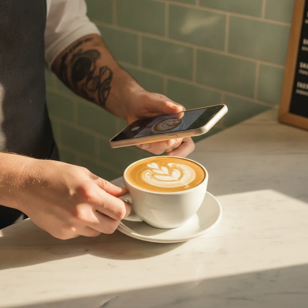 Phone photographing a flat white with latte art on a bright cafe counter