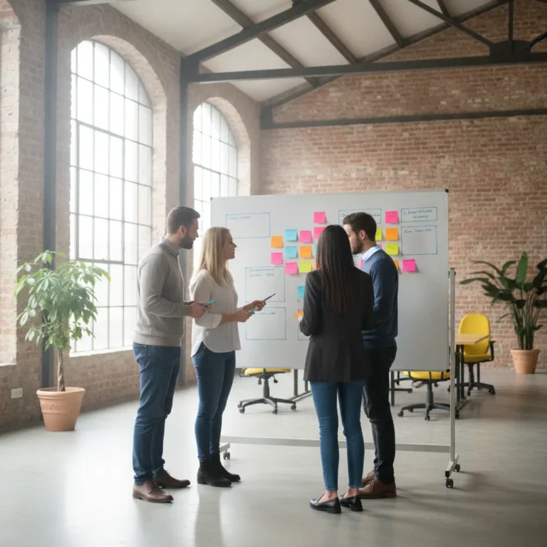 Small team standing around a whiteboard of sticky notes planning in a bright studio