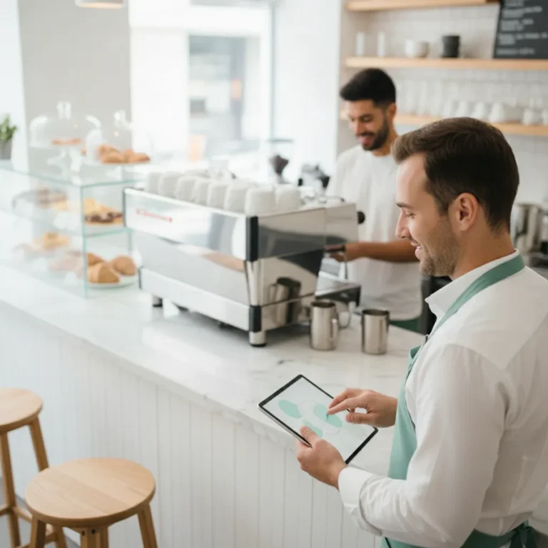 Cafe owner in an apron using a tablet at a bright counter while a barista smiles behind