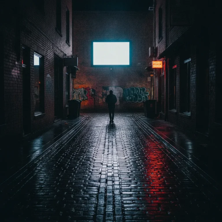 Melbourne laneway at night with neon reflections on wet cobblestones