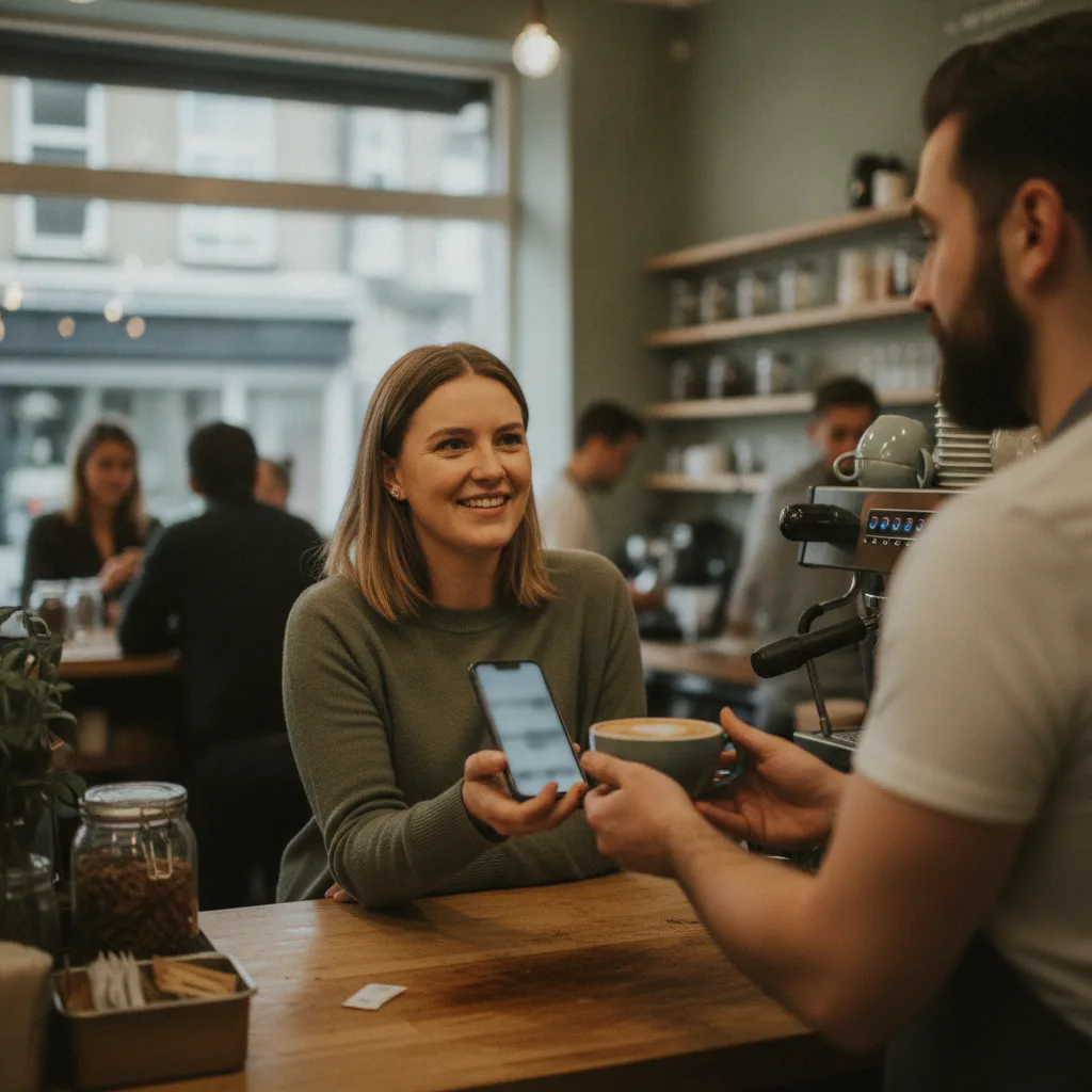 Customer holding a phone at a cafe counter as the barista serves a coffee