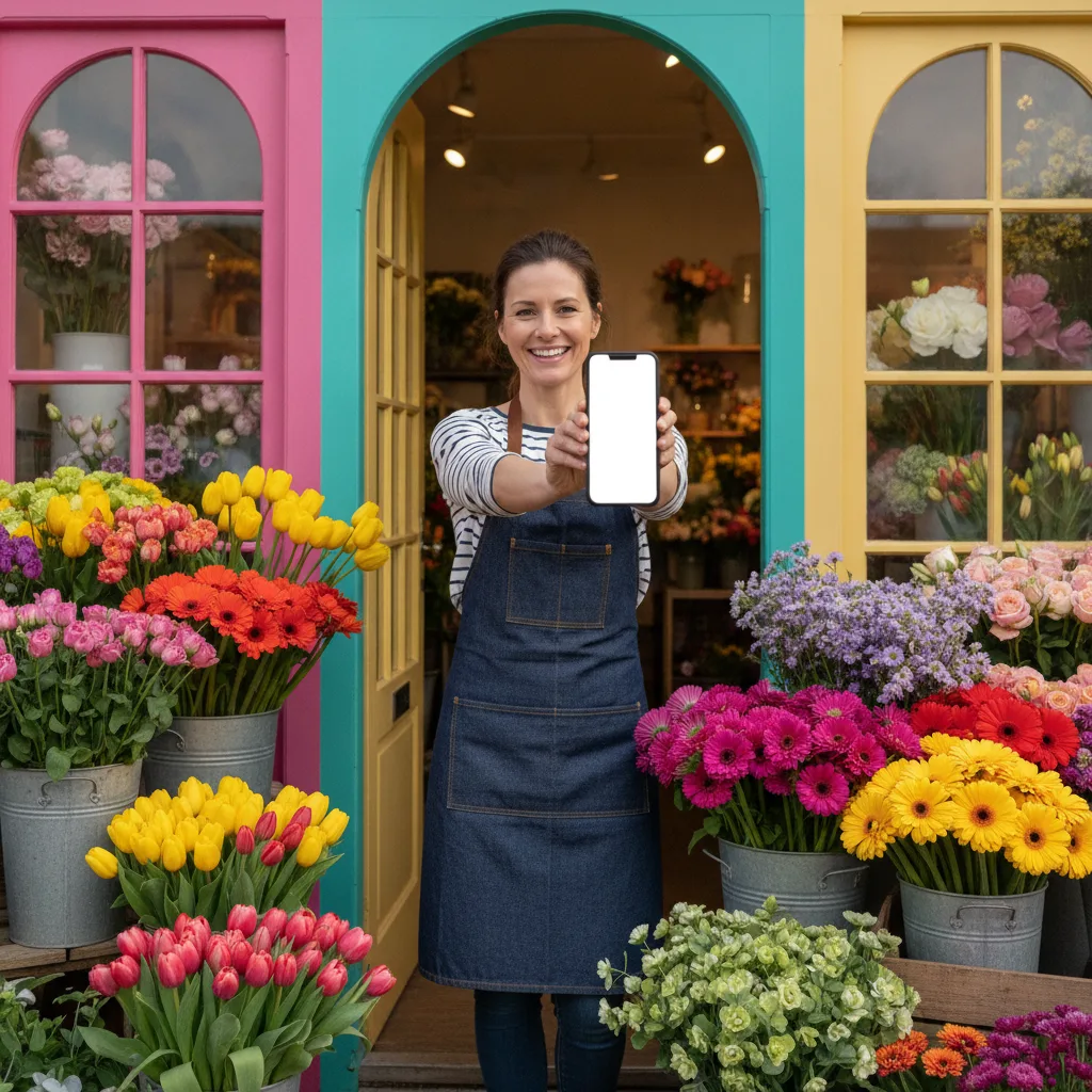 Florist holding a smartphone in the doorway of her colourful flower shop
