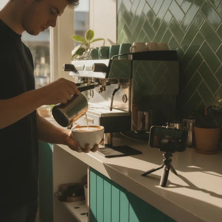 Barista pouring latte art while a phone on a tripod films it in a sunny cafe