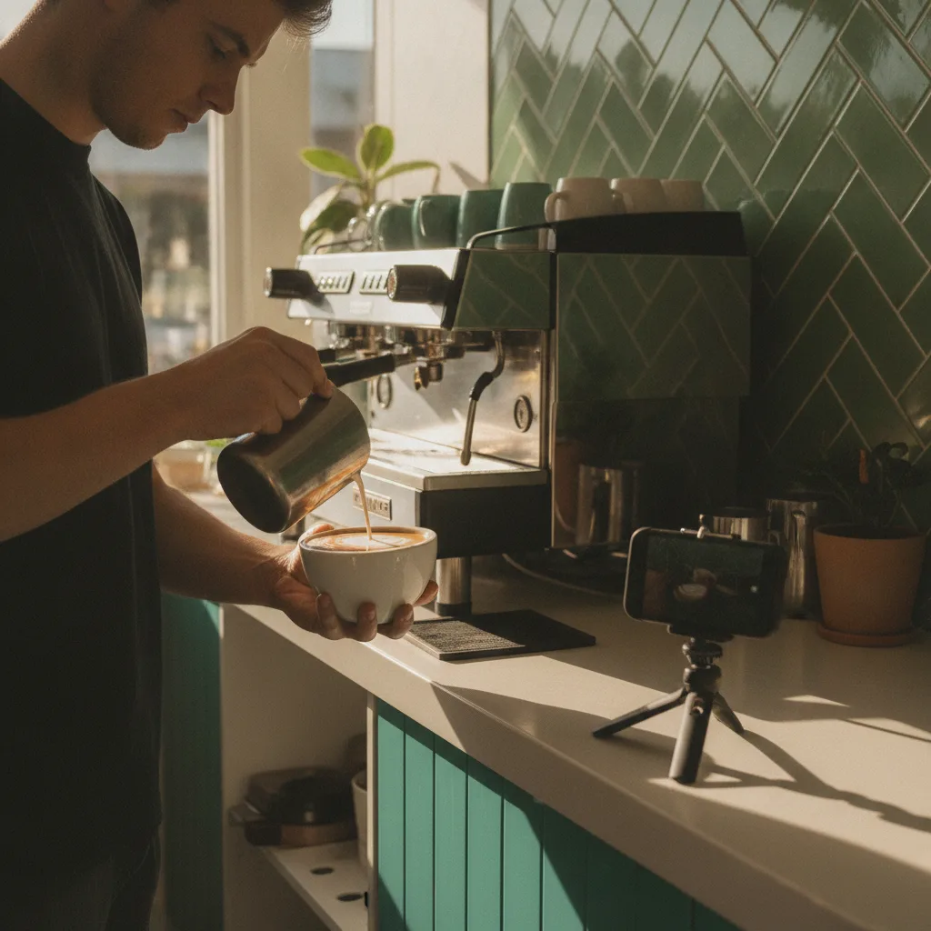 Barista pouring latte art while a phone on a tripod films it in a sunny cafe