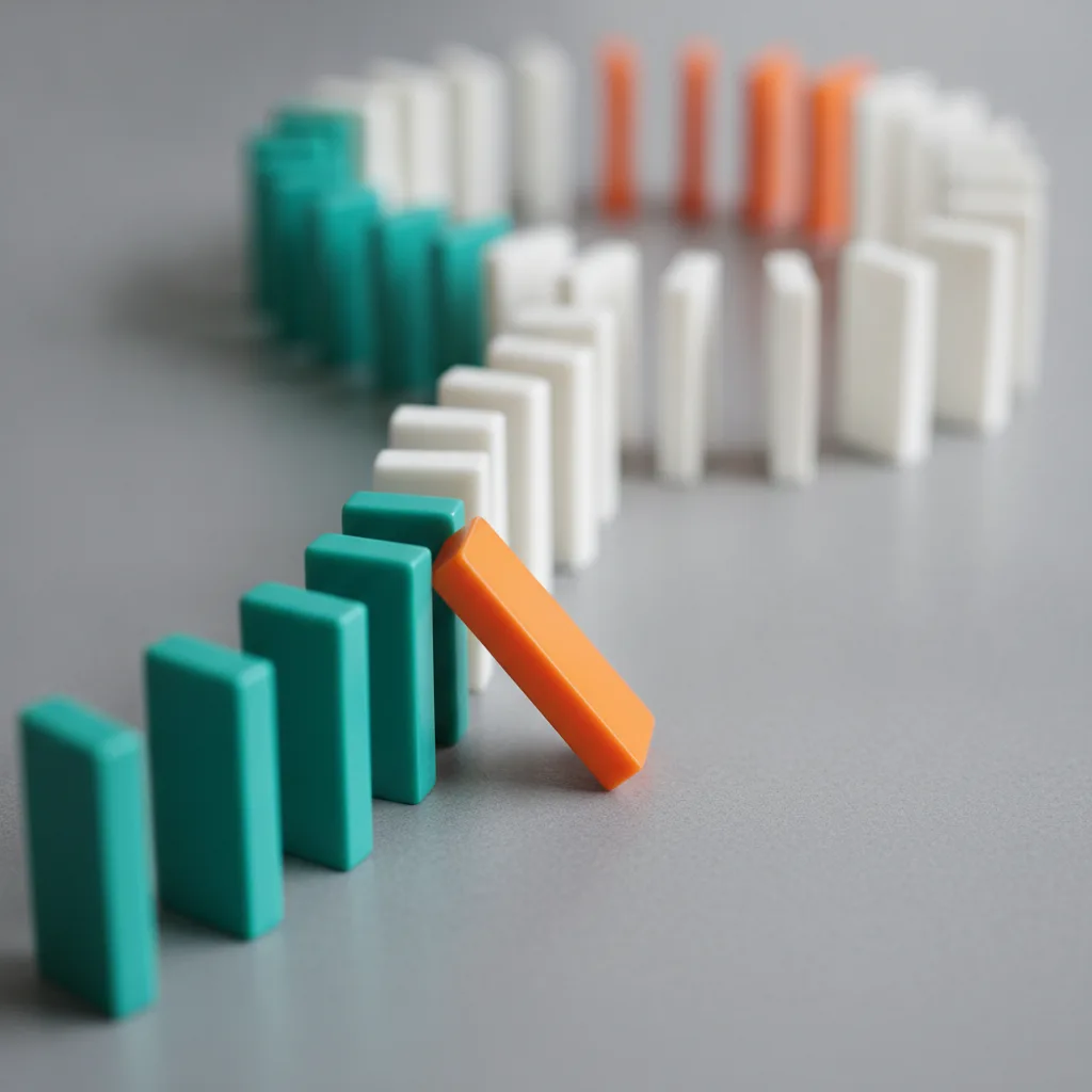 A line of colourful dominoes mid-fall across a grey bench, showing one trigger setting off a chain