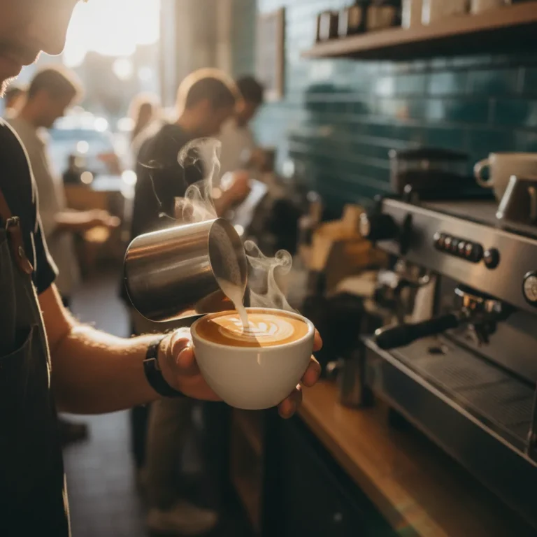 Barista pouring latte art into a flat white in a bright cafe with green tiles
