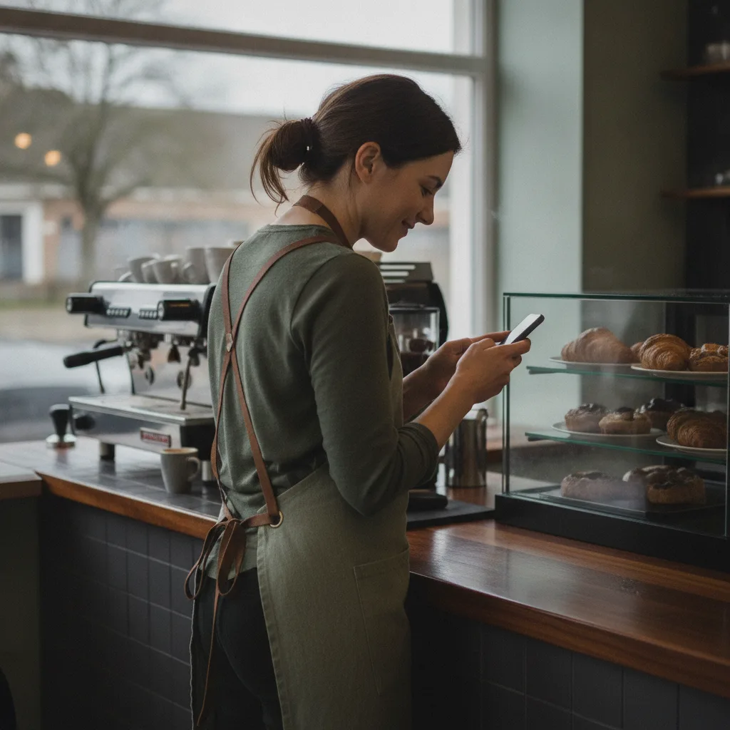 Cafe owner in an apron reading her phone at the counter in soft morning light