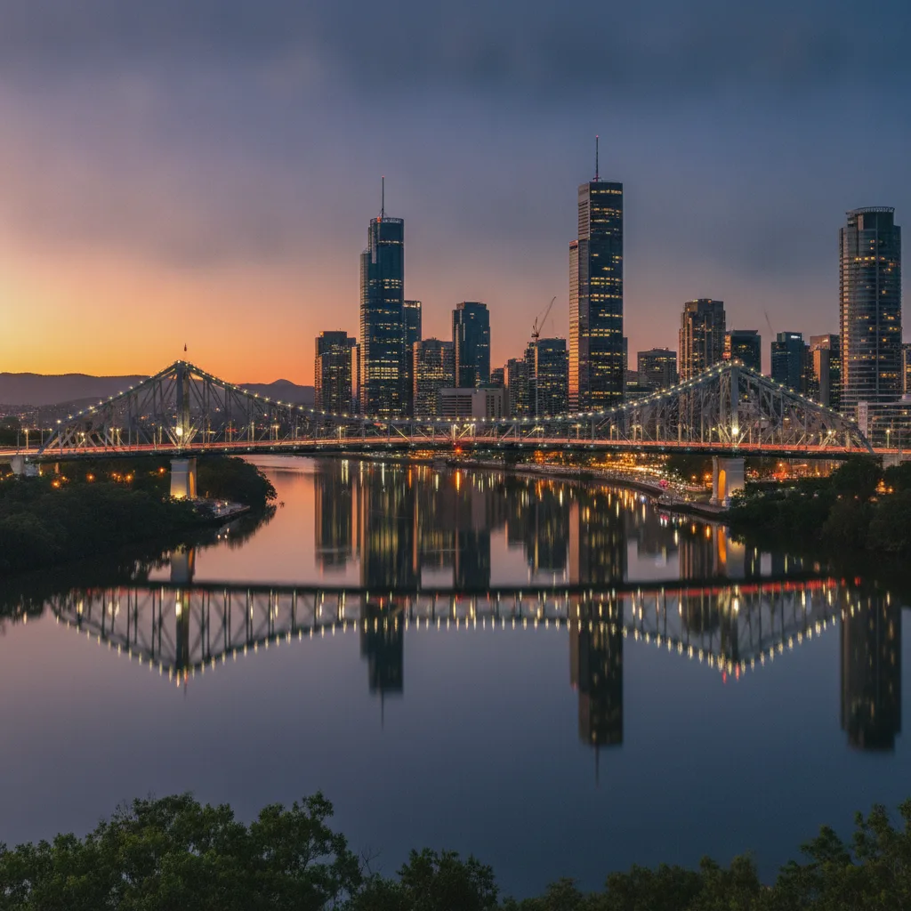 Brisbane CBD skyline and Story Bridge at dusk with light trails over the river