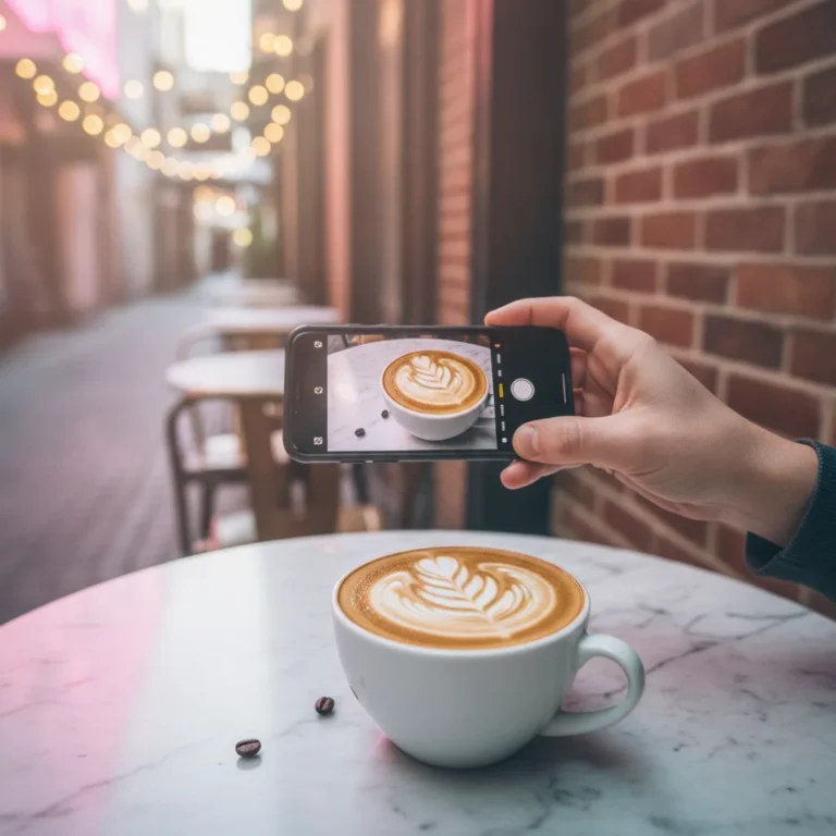 Hand photographs latte art on a cafe table in a Melbourne laneway